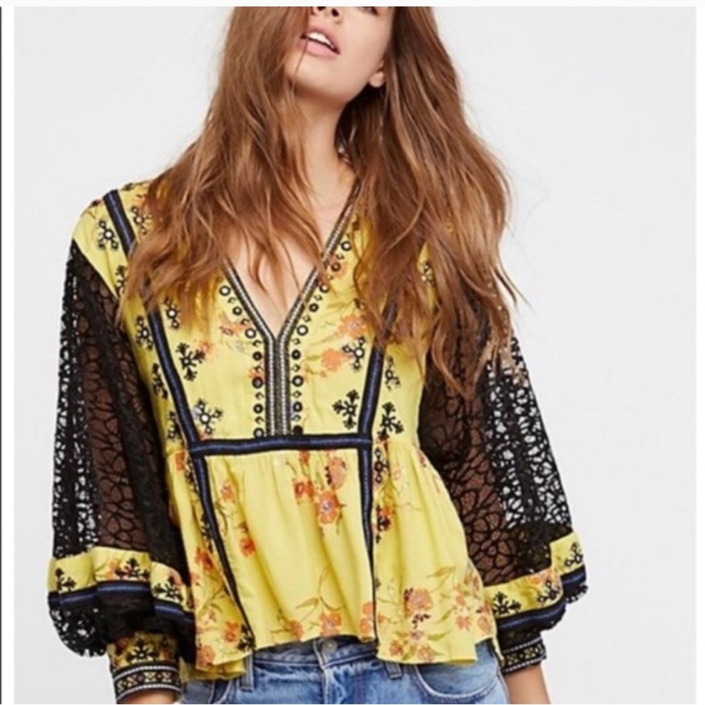 Free People Blouse Black and Yellow Embellished Long-sleeve Lace